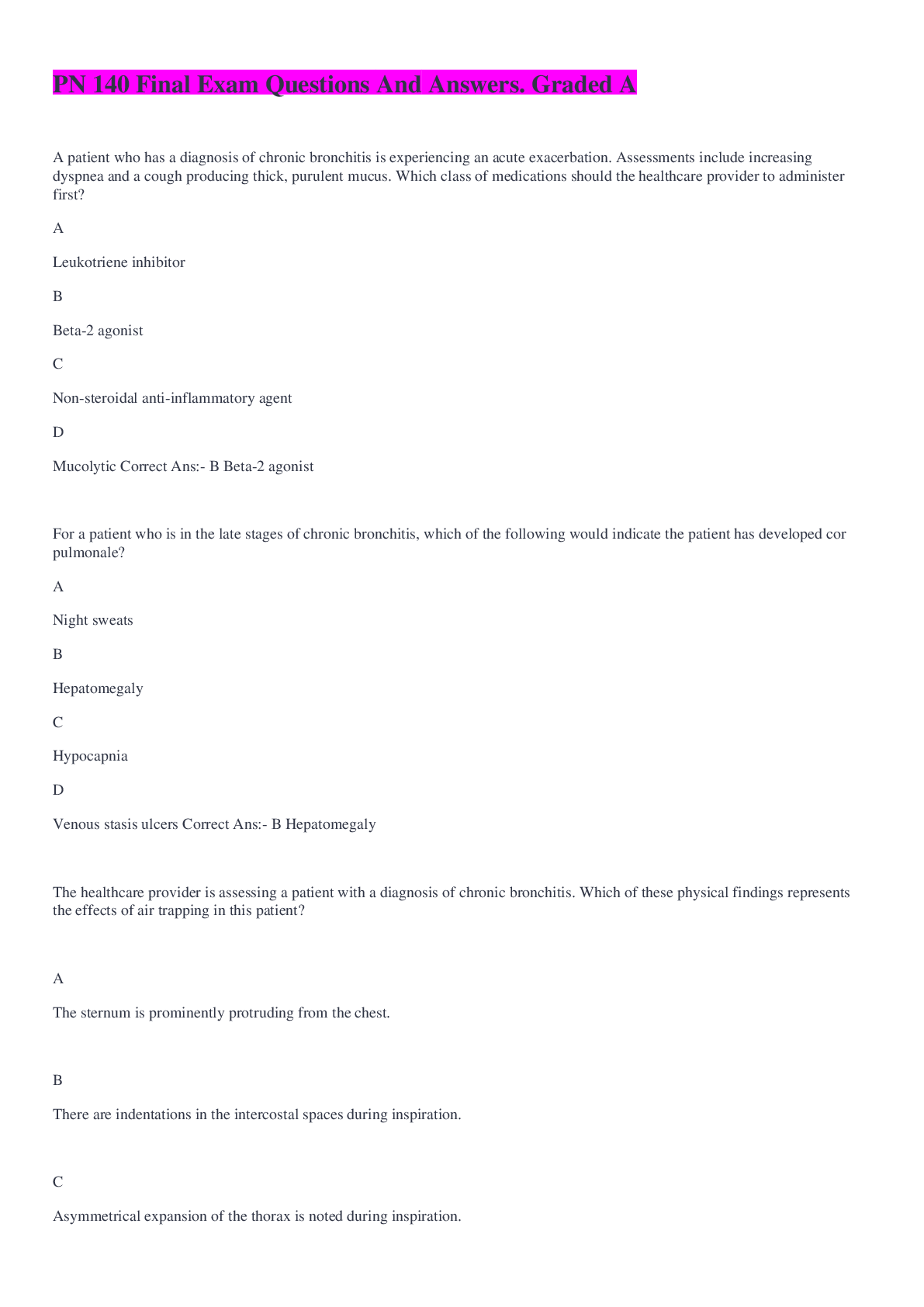 Preview of PN 140 Final Exam Questions And Answers. Graded A